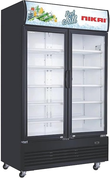 Nikai 1200L Double Door Chiller Fridge Commercial, 
No Frost Chiller, Tropical Compressor, 
Digital Display Auto Defrost LED Light Adjustable Shelves Castor Wheels 1200 L 500 W NSF1200FFH Black