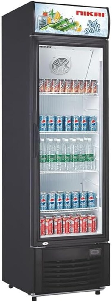 Nikai 400L Single Door Chiller Fridge Commercial , No Frost Chiller, Tropical Compressor, 
Digital Controls &amp; Display, Auto Defrost, Adjustable Shelves , Castor Wheels, Tempered Glass NSF400FFP Black