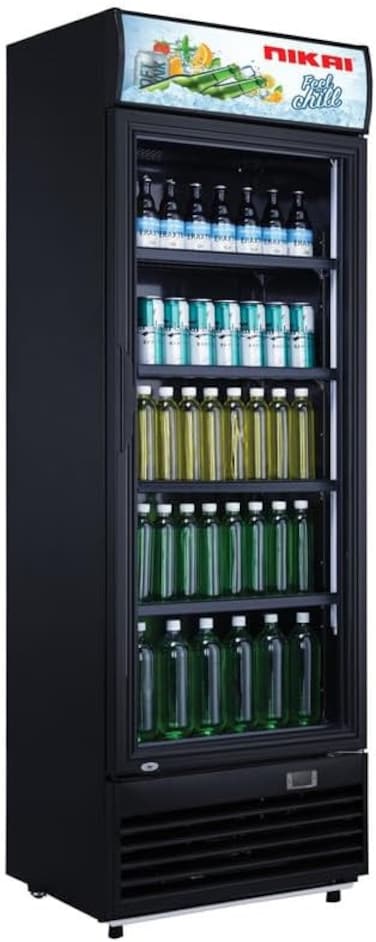 Nikai 400L Single Door Chiller Fridge Commercial No Frost Chiller Digital Display Auto Defrost Adjustable Shelves Castor Wheels Tempered Glass Black Interior - NSF400FFP