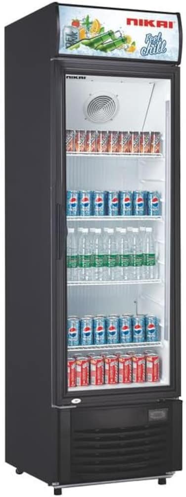 Nikai 450L Single Door Chiller Fridge Commercial No Frost Chiller Digital Display Auto Defrost Adjustable Shelves Castor Wheels Tempered Glass Black Interior - NSF450FFP