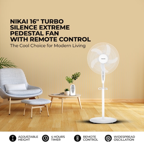 Nikai 16 Inch Pedestal Fan with Remote &amp; Timer, 45 Watts, T&quot; Class Motor, High-Performance Copper Motor, 7.5 Hours Timer, 
Wide Oscillation, 3 Speeds, Energy-Efficient, For Home &amp; Office-NPF1634RT