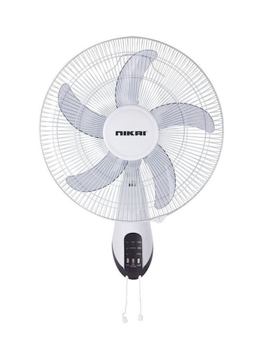 Nikai 16 Inch Wall Fan With Remote, T Class Copper Motor, 5 AS Knife Blades - 120&deg; Grill, 3 Speed Control, 7.5 Hours Timer, Energy-Efficient, Ideal For Office, And Home 45W NWF1636RT1 White