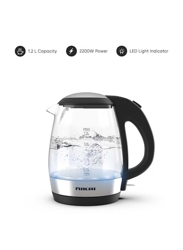 Nikai Compact Electric Glass Kettle, Effortless Boiling Elegance, Auto Lid Opening, LED Indicator, Boil Dry Protection, Integrated Filter, 360&deg; Rotating Base, 1.2L 2200W NK303G Clear/Silver/Black
