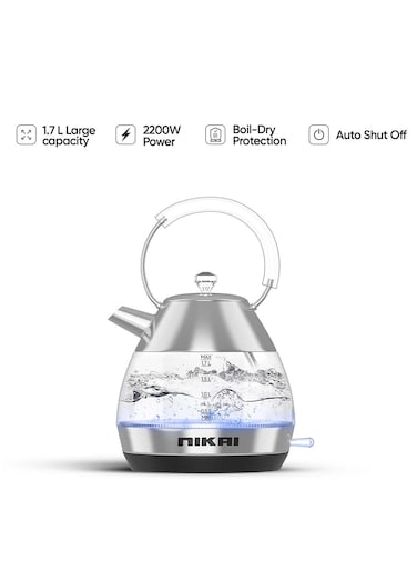 نيكاي غلاية كهربائية تقليدية زجاجية، إيقاف تلقائي، تقنية متقدمة بريطانية، غليان سريع خلال دقيقتين، تحكم Strix، حماية من الجفاف، صب مثالي 1.7 لتر 2200 واط NK1310G فضي/شفاف