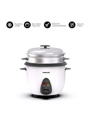 Nikai 2 In 1 Rice Cooker With Steamer, Non-Stick Convenience Pot And Keep Warm Function For Flawless Meals, Detachable Cord, Cook, Steam, And Keep Warm With Ease And Efficiency 1L 400W NR701A White