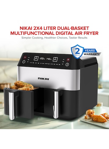 Nikai Digital Multi-Function Air Fryer, 2X4L Non-Stick Detachable Basket, Separate Temperature Settings, 2 Independent Cooking Zones, Cool Touch Body, Non-Slip Feet 1.7L 2460W NAF282D Black