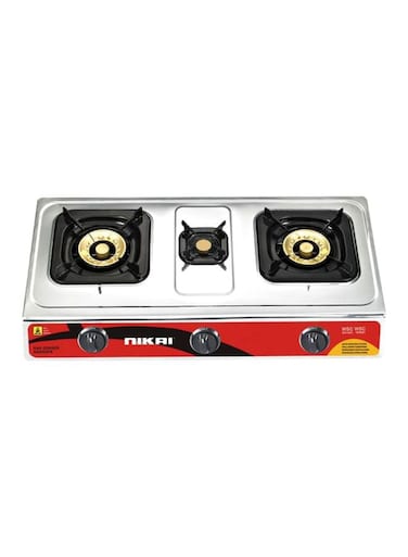 NIKAI Triple Gas Burner With Auto Piezoelectric Ignition, Square Enamel Pan Support, FFD Equipped, Stainless Steel Body, Full Safety Features NG845SFN Silver