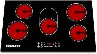 Nikai 5 Burners Infrared Cooktop &ndash; 90cm Ceramic Hob with 5 Burners, Sensor Touch Control, 9 Power Levels, 99-Min Timer, 6200W, Power &amp; Temperature Indicator, Keep Warm Function NGH96C Black