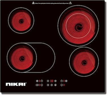 Nikai 4 Burners Infrared Cooker, 60cm Ceramic Hob with 4 Burners, Touch Control, 9 Power Levels, 99-Min Timer, 6600W, Power &amp; Temperature Indicator NGH66C Black