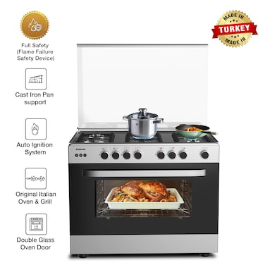 Nikai 5 Burner Freestanding Gas Cooker, 90x60cm, U6090EG, Original Italian Oven &amp; Grill, Full Safety, Auto-Ignition For Burners, Grill &amp; Oven, Cast Iron Pan Supports, Timer, Turnspit, Made in Egypt