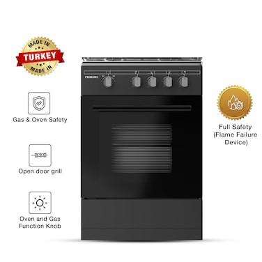 Nikai 50x55 Full Safety 4 Burner Gas Cooker, Oven &amp; Grill Function, Free Standing Cooking Range, Manual Ignition System, Easy Cleaning, Robust Burners, Rapid Preheat, Made in Turkey, U3110NBFS Black