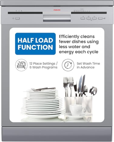 Nikai 12 Place Settings Freestanding Dishwasher with Adjustable Basket Silent Operation 6 Wash Programs White/Silver Finish &amp;ndash; NDW3112PS