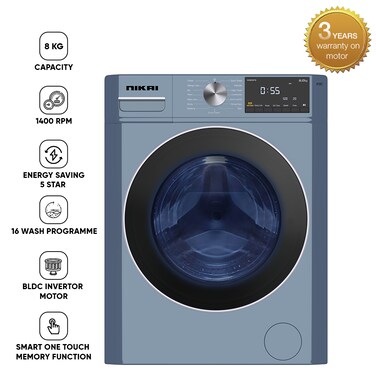 Nikai 8KG 1400 RPM Front Load Washer with 16 Programs, Energy Saving BLDC Inverter Motor, Steam Wash,Fully Automatic Washing Machine, LED Display, Child Lock, One Touch Function - NWM801FIB, Silver
