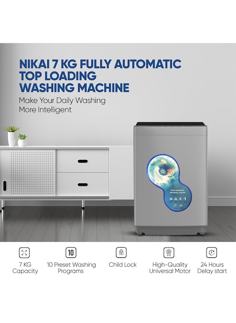 Nikai 7Kg Fully Automatic Top Loading Washing Machine with Anti-Wrinkle Body, Child Lock, Power Off Memory, Silent Operation, Stainless Steel Drum, High-Quality Universal Motor NWM800TN10P Grey