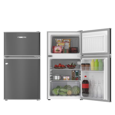 Nikai 135L Gross/88L Net, Small Double Door Mini Refrigerator with Vegetable Crisper &amp; Adjustable Glass Shelves, Defrosting, Mini Fridge for Home, Kitchen, Bedroom, Office &amp; Hotels NRF135DDS Silver