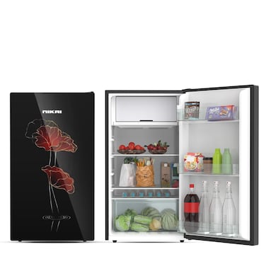 Nikai 140L Gross/90L Net, Single Door Refrigerator with Glass Finish, 2L Bottle Holder, Glass Shelves, Separate Chiller Compartment, Mini Fridge for Kitchen, Bedroom, Office &amp; Bar - NRF140G, Black