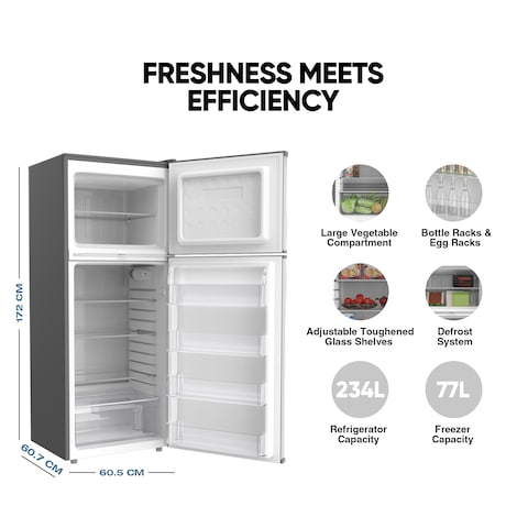 Nikai 450L Gross/311 Net, Double Door Refrigerator, with Vegetable Crisper &amp; Adjustable Glass Shelves, Convenient Defrosting and Temperature Control, For Kitchen, Bedroom, Office &amp; Hotels NRF450DN5S
