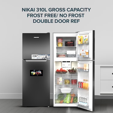 Nikai 310L Gross/220L Net, No-Frost &amp; Adjustable Glass Shelves, Temperature Control, Energy Saving R600A, NRF310FSS Grey