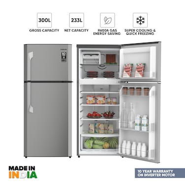 Nikai 300L Gross/233L Net, Double Door Refrigerator, Top Mount Frost Free Freezer, Glass Shelves, CFC Free, Ideal for Home, Office &amp; Restaurant, 10 Year Compressor Warranty, NRF300FSS