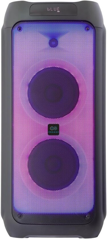 مع مكبر الصوت EPS-1022/W80 للحفلات، مقاس 10 بوصات × 2، مزود بإضاءة ديسكو ديناميكية، وبطارية قابلة للشحن، وأداء صوتي قوي، وراديو FM، وجهاز تحكم عن بعد سهل الاستخدام، باللون الأسود.