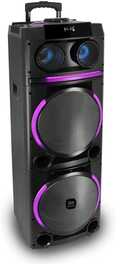 استمتع بأسلوب حياة رقمي مع مكبر الصوت EPS-1222/W100 مقاس 12 بوصة × 2، أضواء ديسكو ديناميكية، بطارية قابلة للشحن، أداء صوتي قوي، راديو FM، جهاز تحكم عن بعد سهل الاستخدام، أسود