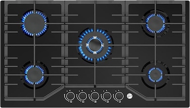 Hoover 90CM 5 Burner Gas Hob Glass - with FFD, Triple Ring, Rapid, Semi-Rapid &amp; Auxiliary Burners, Electric Ignition, Cast Iron &amp; Aluminum Alloy Knob Control, Black Tempered Glass Panel - HGH-W95G-GBI