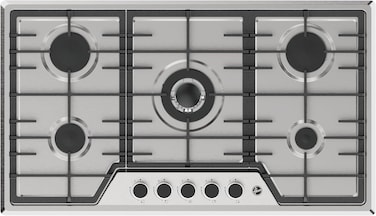 Hoover Built-In 90cm 5 Burner Gas Hob - Stainless Steel, Triple Ring Burner, Electric Ignition, Cast Iron Rack, Enamel Coated Caps HGH-W95G-SBI silver (No Installation)