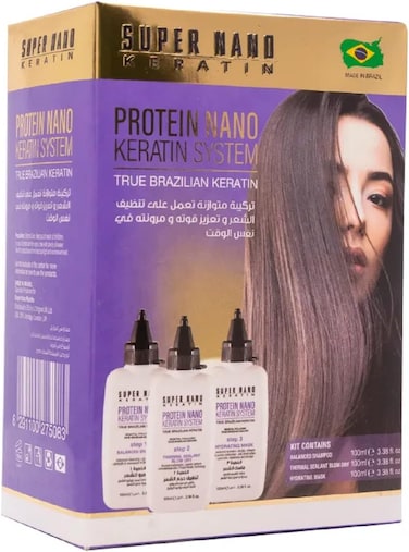 Super Nano Keratin Protein Nano Keratin System A True Brazilian Keratin, Smoothening Kit With Collagen, Improve Shine, Volume, &amp; Frizz Free, 3X100ml