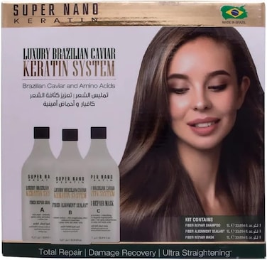 نظام الكيراتين البرازيلي الفاخر بالكافيار والاحماض الامينية من سوبر نانو كيراتين، خال من الكبريتات، اصلاح كامل للشعر ومضاد للتجعد، 3 × 1000 مل