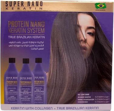 نظام نانو كيراتين بروتين نانو كيراتين من سوبر نانو، مجموعة تنعيم بالكولاجين، يحسن اللمعان والحجم وخالي من التجعد، 3 × 1000 مل