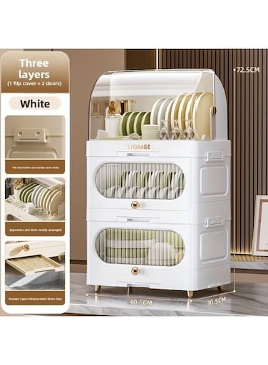 3-Tier Foldable Dish Drying Rack with Dustproof Cover &amp; Drain Tray Kitchen Storage Cabinet