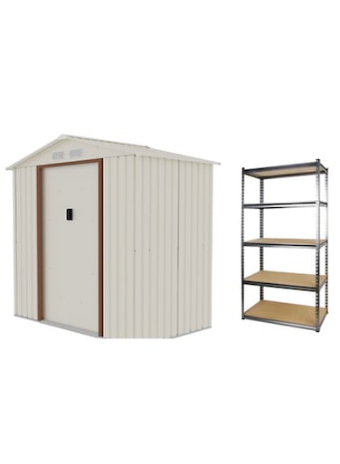 CamelTough Outdoor Metal Storage Shed (7 x 4.2 Feet) with 5 Shelf Metal Rack (86.5 x 35.5 x 183 CM), Combo Pack, Garden Metal Shed. Perfect for Storing Patio Furniture, Garden Tools, Garage Organizer