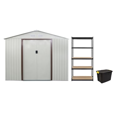 CamelTough Outdoor Metal Storage Shed 9.1 X 6.3 feet, With Shelf Rack and Heavy Duty Storage Box 60 Liters, Garden Shed Combo, Weather Resistant, for Tools Patio Furniture and Garage &ndash; CT-205