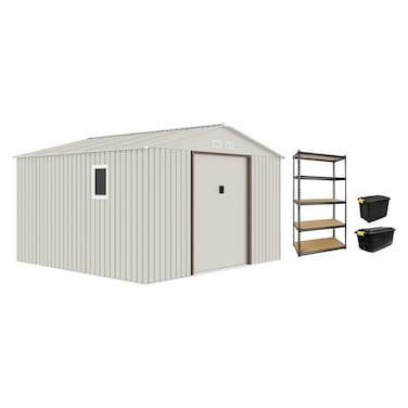 CamelTough Outdoor Metal Storage Shed 11.2 X 10.6 feet, With Shelf Rack and Heavy Duty Storage Boxes 75L &amp; 60L, Garden Shed Combo, Weather Resistant, for Tools Patio Furniture and Garage - CT-207