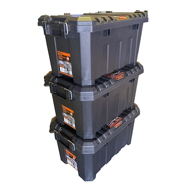 Tactix 45 L Heavy Duty Storage Box, 3 PCS Pack with Lid and Handles, Stackable 60.5L x 38.3W x 32.5H cm, Black