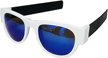 Slapsee Folding Sunglasses, UV400 Protection, Trendy Design for Men &amp; Women, Ultralight &amp; Easy to Carry Sunglasses, Wrist Slapping Sunglasses that never fall off, White Frame, White Slap, Blue Lens