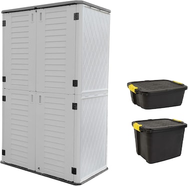 CamelTough Value Combo Pack, Outdoor Vertical Storage Shed 1483 Liters, Garden Shed, With 2 Heavy Duty Outdoor Storage Boxes 42L and 24L, UV and Water Resistant- HTC-COMBO-761