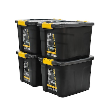 Strata 4 Pack 42 Liter Heavy Duty Indoor and Outdoor Storage Box Container, Made in UK, Tote with Durable Latches and Lid, Stackable Bin, for Home, Balcony, Garden, Poolside, Garage, Office - STR-762