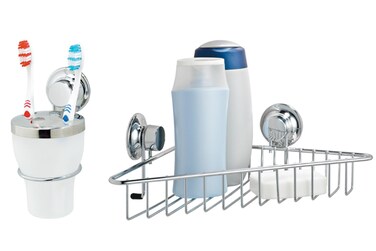Everloc Essential Duo Pack - Toothbrush Holder &amp; Single Shelf Corner Rack, Vacuum Suction, No Drilling, No Screws, Rustproof Wall Mounted Storage Solution for Shower HTC-838