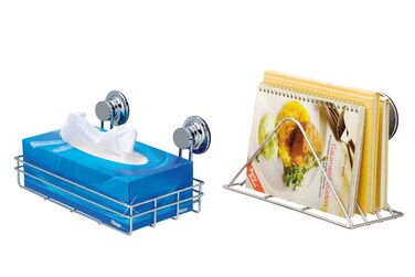 Everloc Dual Utility Combo Pack - Tissue Box Holder &amp; Magazine/Newspaper Rack, Vacuum Suction, Chrome, No Drilling, No Screws, Wall Mounted Storage Solution for Living Room, HTC-839
