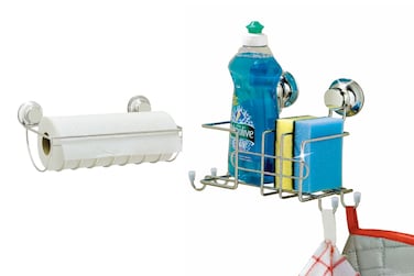 Everloc Kitchen Care Duo Pack - Cleaning Accessories Organizer &amp; Kitchen Paper Towel Holder, Vacuum Suction, Chrome, No Drilling, No Screws, Wall Mounted Solution for Kitchen, HTC-840