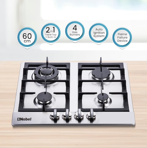 Nobel Built-In Hobs, 4 Gas Burners with Flame Failure Device, Energy Saving Burner, Stainless Steel Panel, Cast Iron Pan Support, Elegant Knob, Auto Ignition NBH6401 Stainless Steel