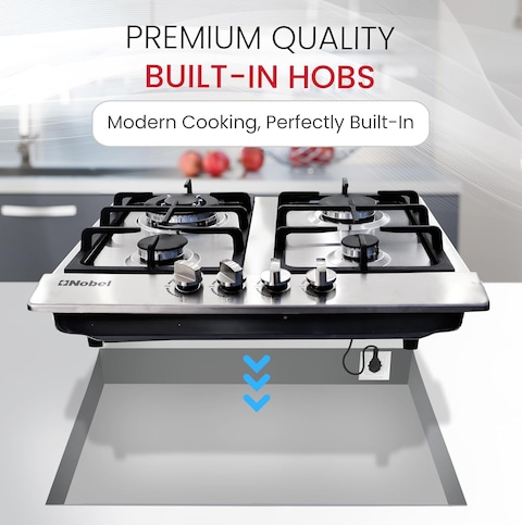 Nobel Built-In Hobs, 4 Gas Burners with Flame Failure Device, Energy Saving Burner, Stainless Steel Panel, Cast Iron Pan Support, Elegant Knob, Auto Ignition NBH6401 Stainless Steel