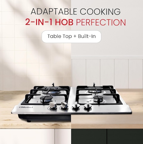 Nobel Built-In Hobs, 4 Gas Burners with Flame Failure Device, Energy Saving Burner, Stainless Steel Panel, Cast Iron Pan Support, Elegant Knob, Auto Ignition NBH6401 Stainless Steel