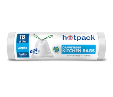 Hotpack Drawstring Kitchen Bag, White Roll, 55 X 65 Cm, 68.1 Litre (18 Gallon), 30 Pieces, Heavy-Duty Leak-Proof Trash Bags With Secure Drawstring Closure For Easy Disposal.