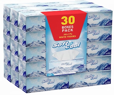 Soft N Cool Soft Facial Tissue 200 Sheets 2 Ply ,5 Boxes X 6 Outer Sterilized Tissue , 30 Boxes