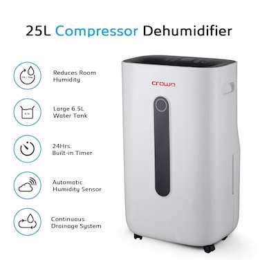 Crownline MD-395 Dehumidifier   25L/Day Moisture Removal   6.5L Water Tank   320W Power   220-240V, 50Hz