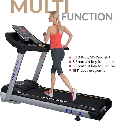 SKY LAND Commercial Treadmill (8 Hp Peak Ac Motor), Capacity : 180Kgs, Auto Incline15%, Running Area:155 * 55Cm, 9" LED Display With Bluetooth Speaker And FS APP EM-1250 جهاز السير المتحرك