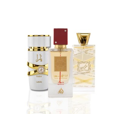 Lattafa 3-Piece Set for Unisex, (3.4 Oz Musk Mood Eau De Parfum Spray + 2.0 Oz Ana Abiyedh Rouge Eau De Parfum Spray + 3.4 Oz Yara Moi Eau De Parfum Spray)