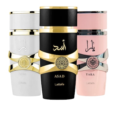 Lattafa for Women 3 Piece Eau de Parfum Gift Set (Yara + Yara Moi + Asad) 3.4 Ounce/100 ml each